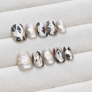 Handmade leopard print cat-eye press-on nails with 3D metallic gold details 10pcs set