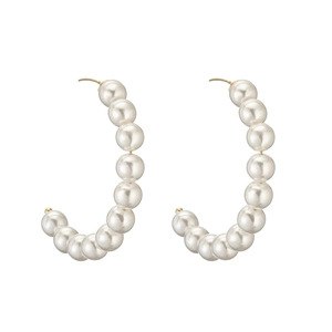 Elegant 14K gold plated hoop earrings featuring glossy white circular pearls on a white background