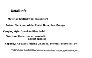 Detailed info showing knit checkered tote bag material and large capacity specifications