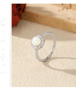Detailed view of S925 silver ring featuring round white opal stone and pavé zircons