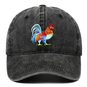 Rooster Embroidery Washed Cotton Baseball Cap Distressed Adjustable Curved Brim Sunshade Hat For Men Women