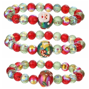 Three-piece Christmas beaded bracelet set with Santa Claus, gingerbread man and bells charms