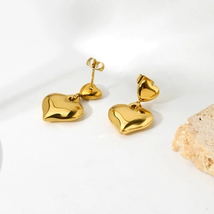 14k gold-plated stainless steel double heart stud earrings with a polished finish