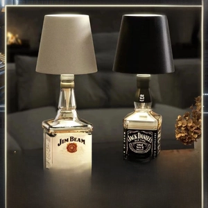 Close-up of whiskey bottle lamp showing Jim Beam label and high-quality fabric shade