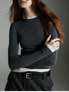 Slim fit grey wool knit top for women featuring double layered collar and sleeve detail