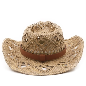 Chapeau de cowboy en paille naturelle fait main avec ruban en cuir brun et tissage ajouré
