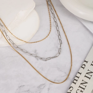 Elegant multi-layer two-tone stainless steel necklace with 18K gold plated chains