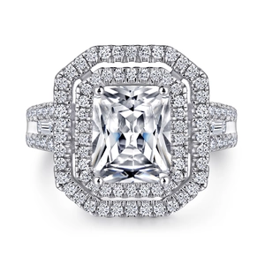 Macro detail of S925 sterling silver ring with emerald cut cz and double halo setting