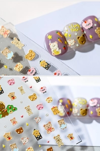 Detailed 5D embossed bear nail art stickers with cute 3D textures and cartoon motifs