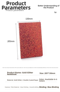 Detail view of colorful glitter notebook dimensions 205x130mm with thick paper and glue binding