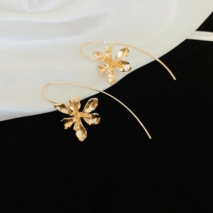 Elegant gold flower petal earrings with textured metal finish and long hook design
