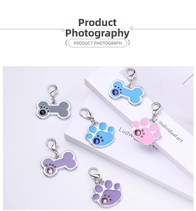 Detailed display of colorful bone and paw shaped zinc alloy pet tags with shiny rhinestones