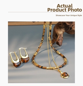 French vintage tiger eye jewelry set with beaded necklace and amber stone drop earrings