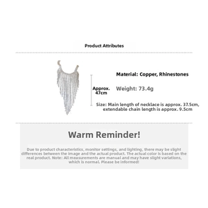 Detail view showing dimensions of silver rhinestone tassel necklace with copper materials