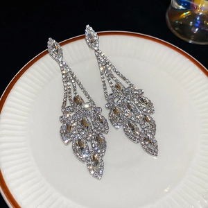 Dettaglio di orecchini pendenti argento con nappe di cristallo scintillante a goccia
