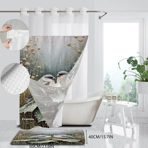 Detail view of floral shower curtain and matching 60x40cm anti-slip bathroom floor mat