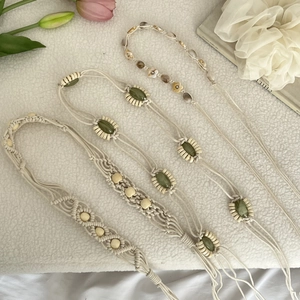 Bohemian hand-woven cotton belts in beige with green beads for women's dress accessories