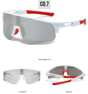 Detailed views of white cycling sunglasses with silver mirrored lenses and red rubber pads