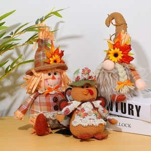 Thanksgiving turkey gnome plush figures with maple leaf and sunflower on wood base