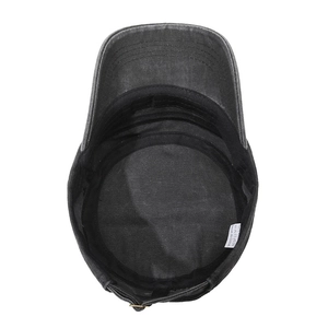 Vintage dark gray washed cotton flat top military cap with detailed interior stitching