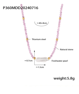 Detailed specs of pink natural stone necklace with Baroque pearl and 18k gold beads