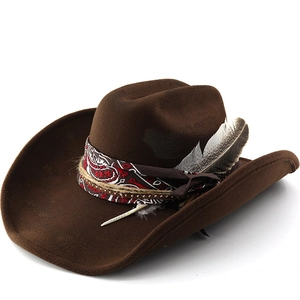Western Cowboy Hat Vintage Distressed Felt With Paisley Band And Feather Retro Wide Brim Outdoor For Men Women