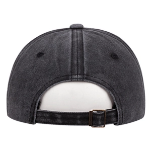 Detail of washed grey baseball cap back view with adjustable vintage copper buckle