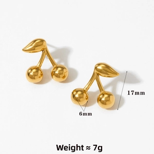 Detailed macro view showing a 17mm gold cherry earring with size and weight specs