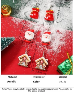 Detailed size chart for acrylic Christmas earrings featuring Santa and gingerbread house