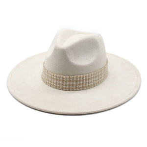 Classic cream faux suede wide brim fedora hat with elegant woven decorative band