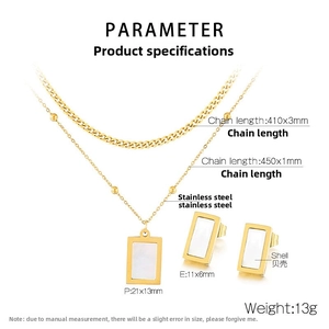 Detail view of double-layer shell jewelry set with precise size measurements and specifications