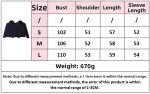Detailed size chart for short loose wool coat including bust, shoulder, and length specs