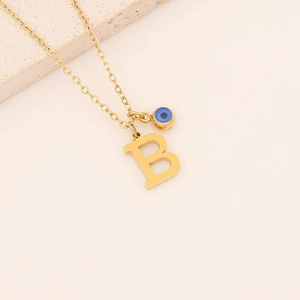 Golden stainless steel necklace with letter B pendant and blue evil eye charm