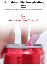 High-adhesion nail adhesive tabs demonstrated by opening a soda can with press-on nails