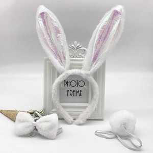 Three-piece white plush bunny set with iridescent ears, bowtie and round fluffy tail