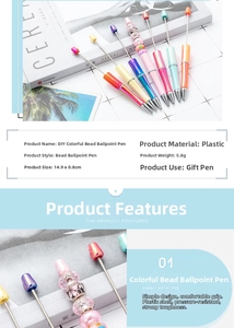 Detailed specs showing a 5.8g DIY beaded ballpoint pen measuring 14.9x0.8cm in plastic
