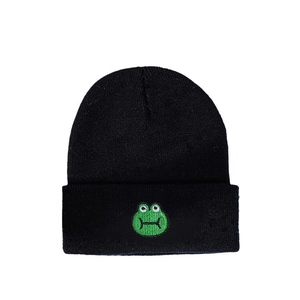 Fashionable knitted black beanie with green cartoon frog embroidery in cute style