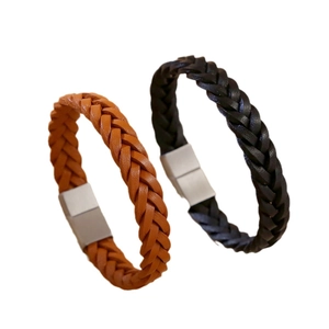 Handmade woven leather bracelets for men with magnetic clasp in black and brown styles
