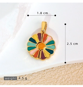 Detailed view of colorful enamel daisy pendant with metal dimensions and size labels