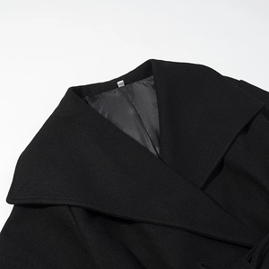 Women vintage lapel waist-tie wool coat in black with elegant notched collar detail