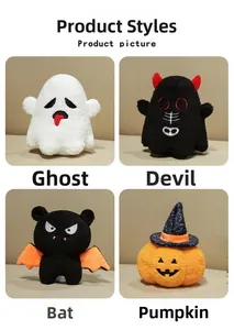 Detailed view of Halloween plush set featuring ghost, devil, bat and pumpkin characters