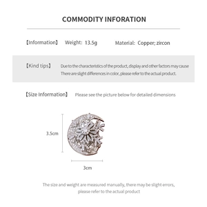 Detailed technical diagram showing 3.5cm x 3cm dimensions and weight of zircon brooch