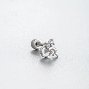 Polished silver dolphin stud earring with zircon accents on textured background