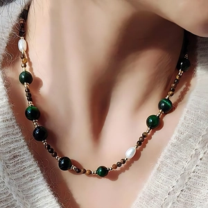Tiger Eye Beaded Necklace Green Agate Artificial Pearl Stainless Steel Niche Vintage High-end Collar Chain Jewelry For Women