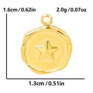 Detail of gold star coin pendant showing 1.6cm height and 1.3cm width dimensions