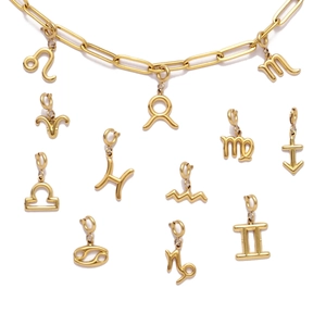 Gold-plated stainless steel paperclip chain necklace with 12 zodiac constellation pendants