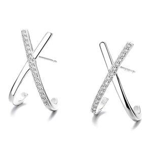 Elegant 925 sterling silver X-shaped stud earrings with micro-pave cubic zirconia stones