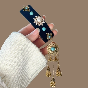 Pince À Cheveux Ethnique Vintage Alliage De Zinc Pompon Jhumka Cloche BB Clip Künstliche Perle Imitation Turquoise Femmes