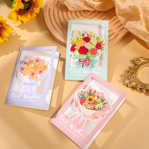Detailed close-up of colorful 3D flower bouquet cards with gold Best Wishes foil