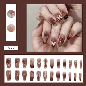 Brown long ballet press-on nails featuring rose and butterfly patterns, set of 24 pieces